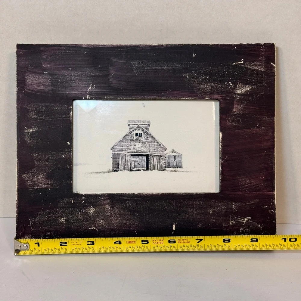 Rustic Farmhouse Barn Art Print Distressed Hand Painted Burgundy Frame 8x9.5